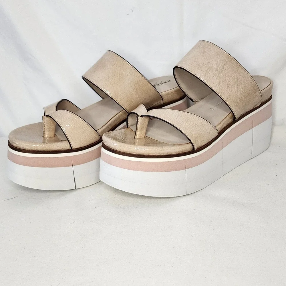 Naked Feet Flux Beige Pink White Platform Wedge Sandals Toe Loop 8M - Picture 3 of 7